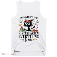 I Survived 100 Days Of Kindergarten Teacher & Student Funny Cat Tank Top thumb 0