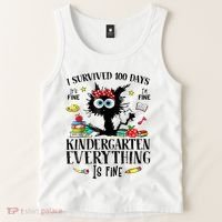 I Survived 100 Days Of Kindergarten Teacher & Student Funny Cat Tank Top thumb 2