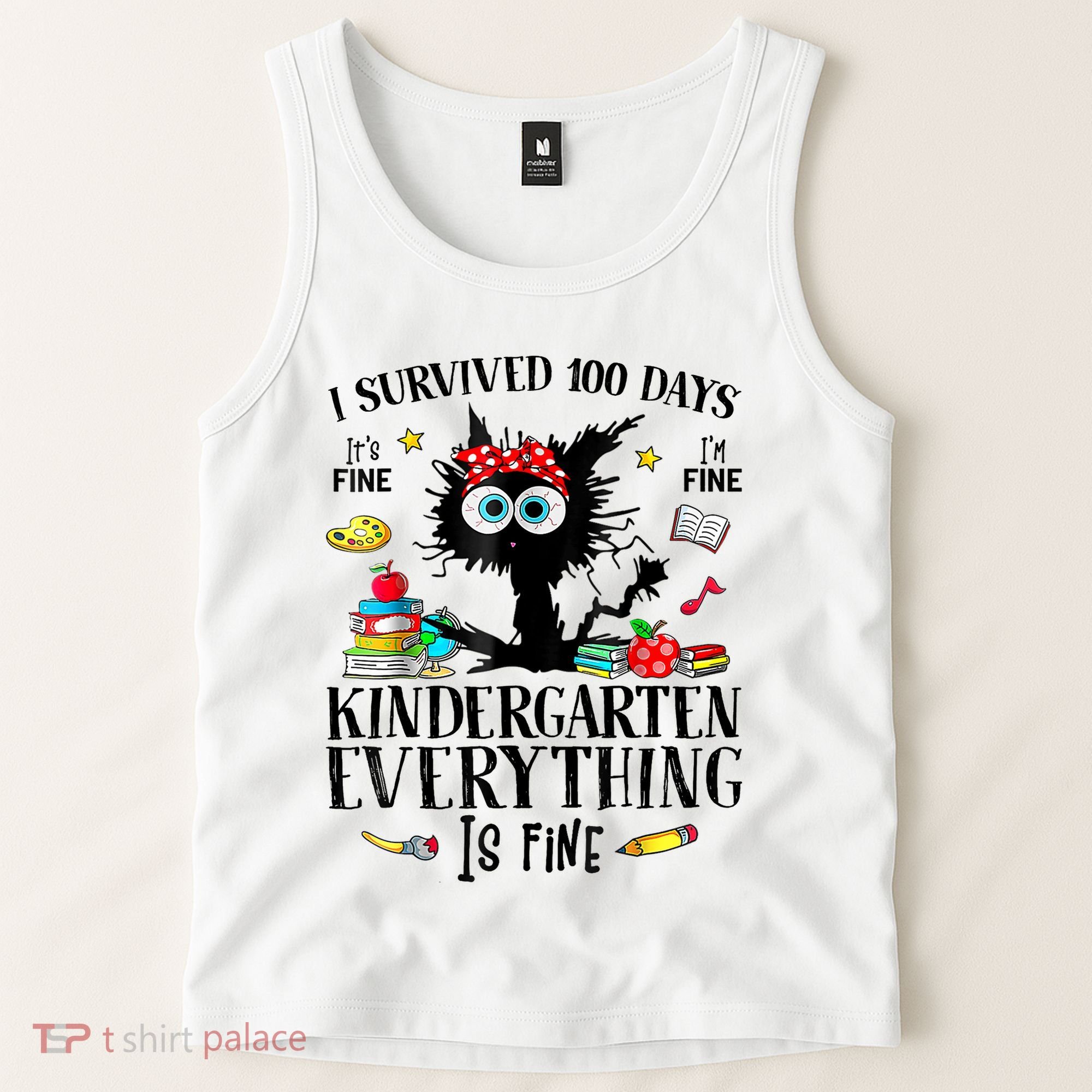 I Survived 100 Days Of Kindergarten Teacher & Student Funny Cat Tank Top