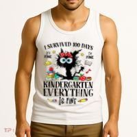 I Survived 100 Days Of Kindergarten Teacher & Student Funny Cat Tank Top thumb 3