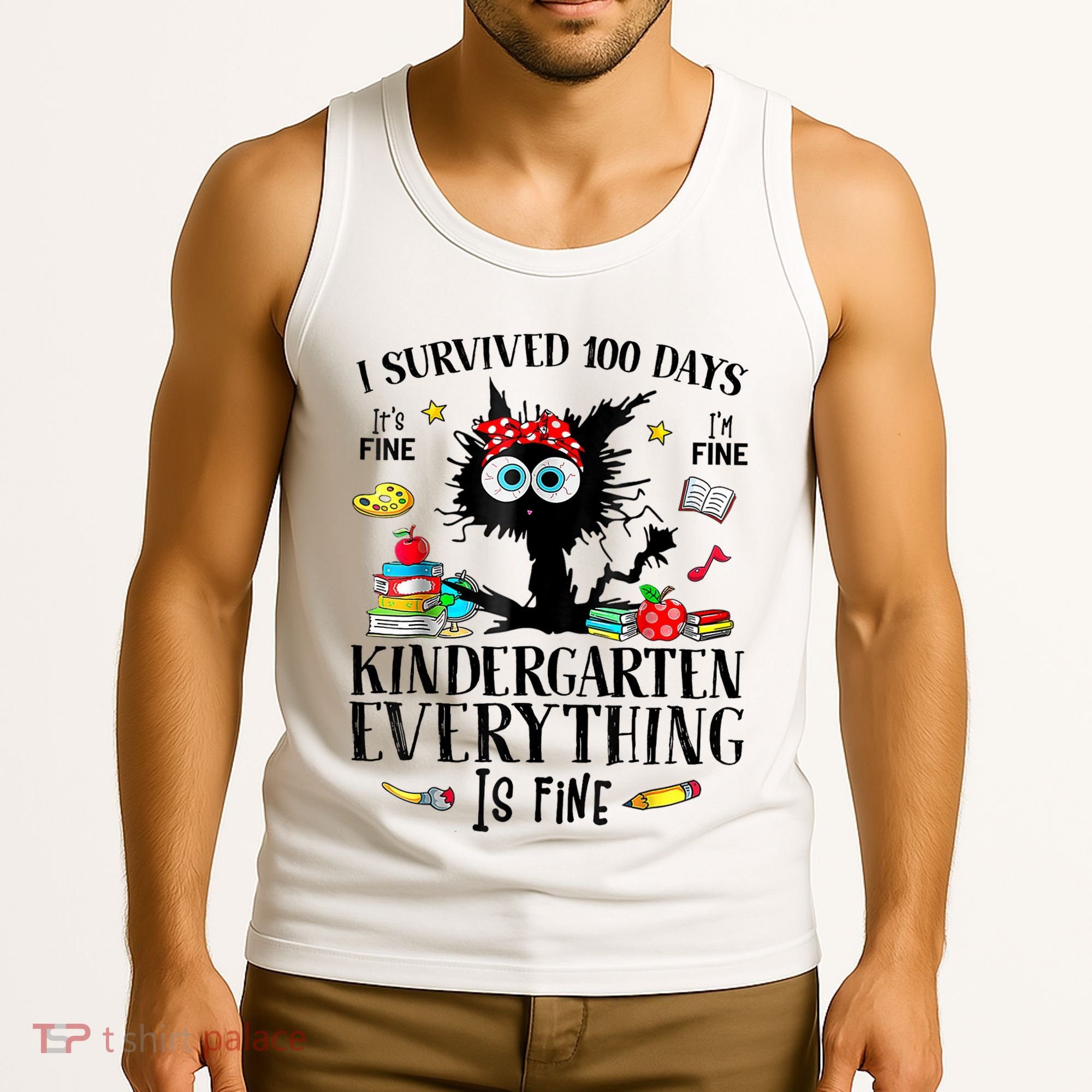I Survived 100 Days Of Kindergarten Teacher & Student Funny Cat Tank Top