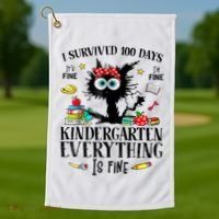 I Survived 100 Days Of Kindergarten Teacher & Student Funny Cat Golf Towel thumb 1
