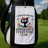 I Survived 100 Days Of Kindergarten Teacher & Student Funny Cat Golf Towel thumb 2