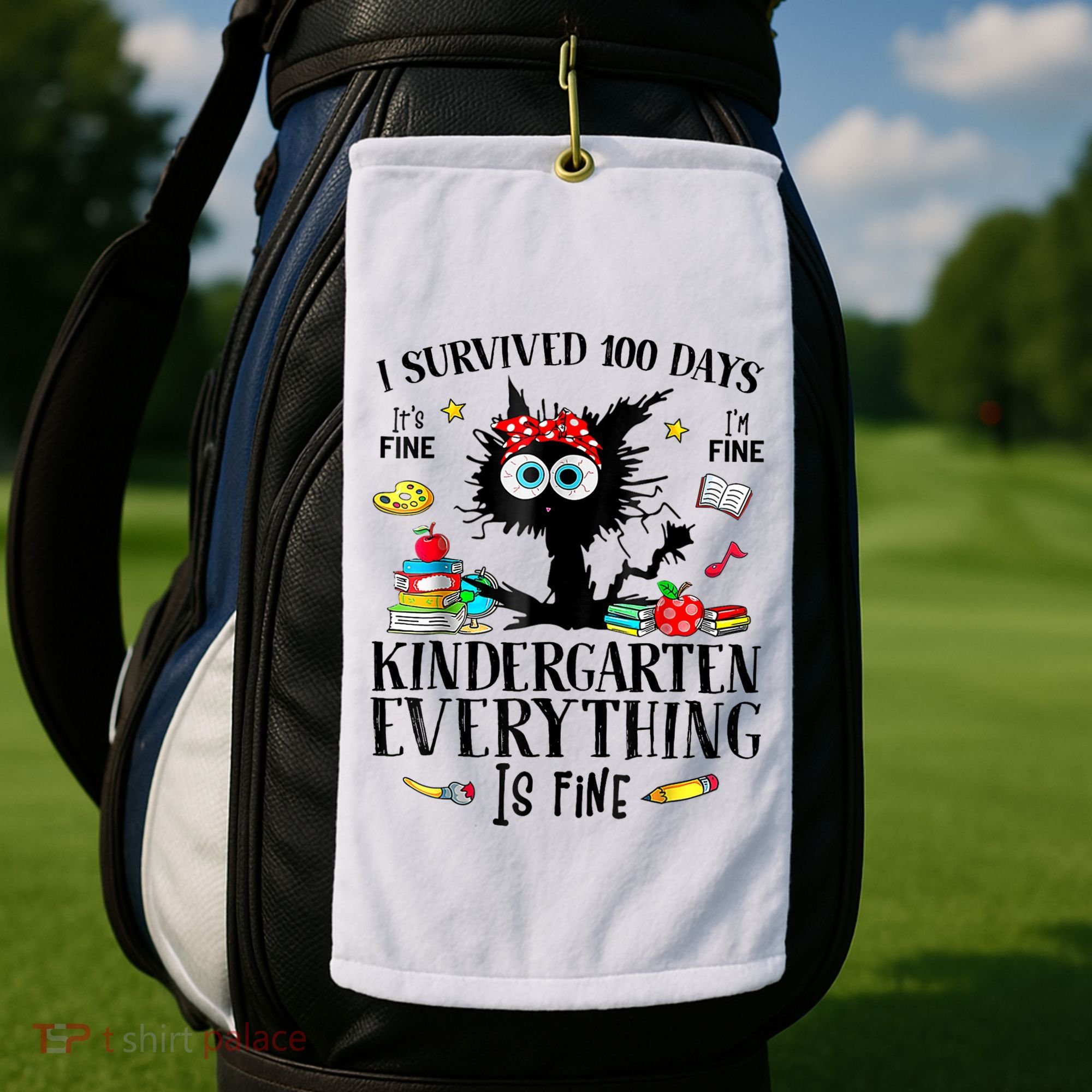 I Survived 100 Days Of Kindergarten Teacher & Student Funny Cat Golf Towel