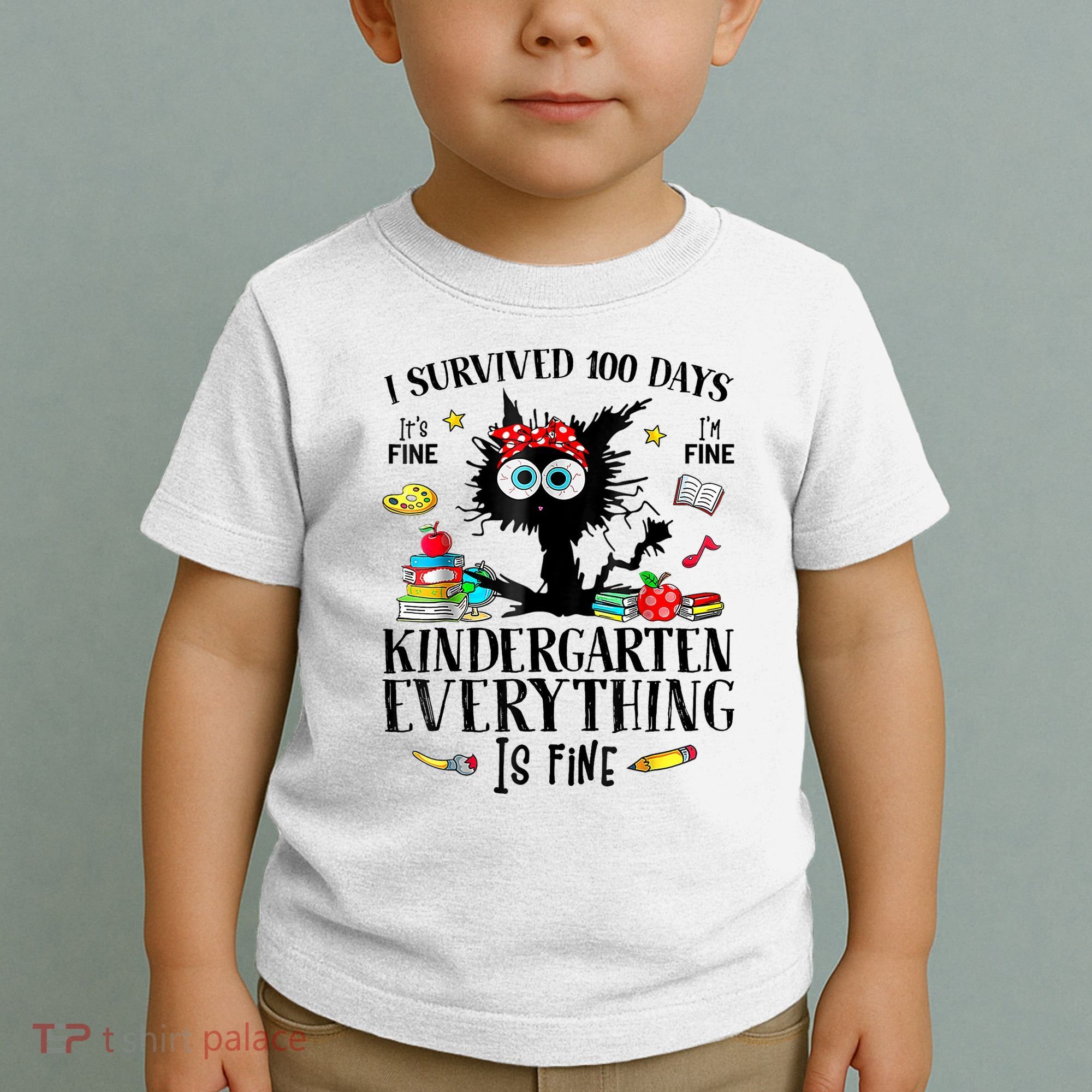 I Survived 100 Days Of Kindergarten Teacher & Student Funny Cat Toddler T-Shirt