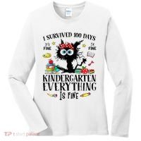I Survived 100 Days Of Kindergarten Teacher & Student Funny Cat Women's Long Sleeve Shirt thumb 0
