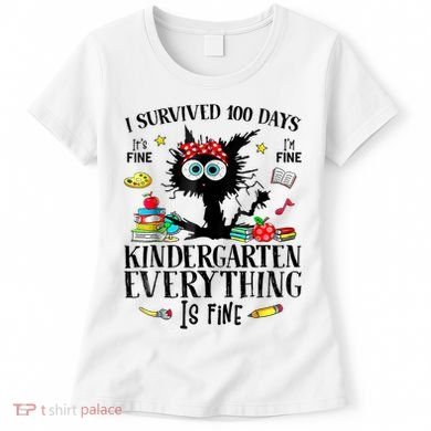 I Survived 100 Days Of Kindergarten Teacher & Student Funny Cat Women's T-Shirt