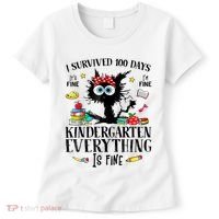 I Survived 100 Days Of Kindergarten Teacher & Student Funny Cat Women's T-Shirt thumb 0