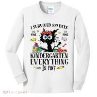 I Survived 100 Days Of Kindergarten Teacher & Student Funny Cat Kids Long Sleeve Shirt thumb 0