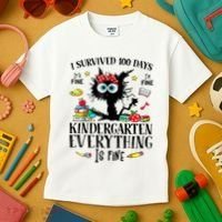 I Survived 100 Days Of Kindergarten Teacher & Student Funny Cat Kids T-Shirt thumb 3