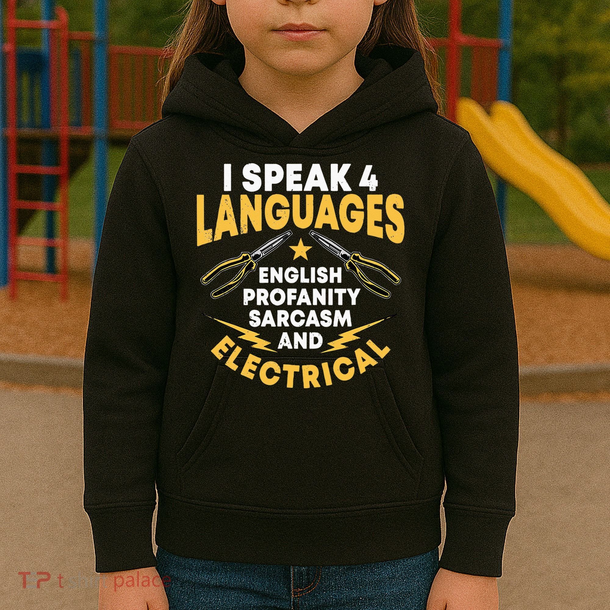 I Speak 4 Languages Electrician Electrical Technician Repair Kids Hoodie