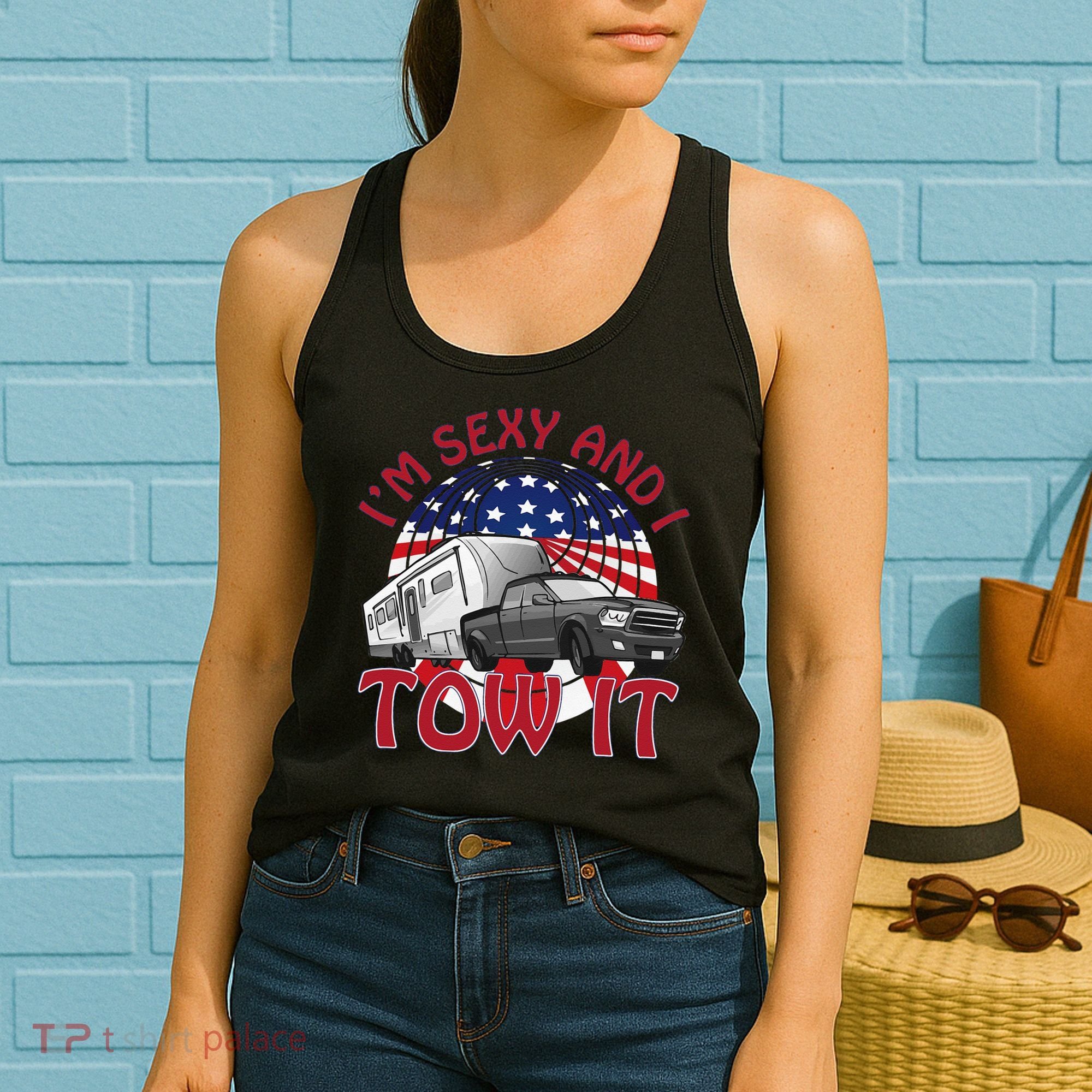 I'm Sexy and I Tow It 5th wheel USA Flag Sunset camping Women's Tank Top