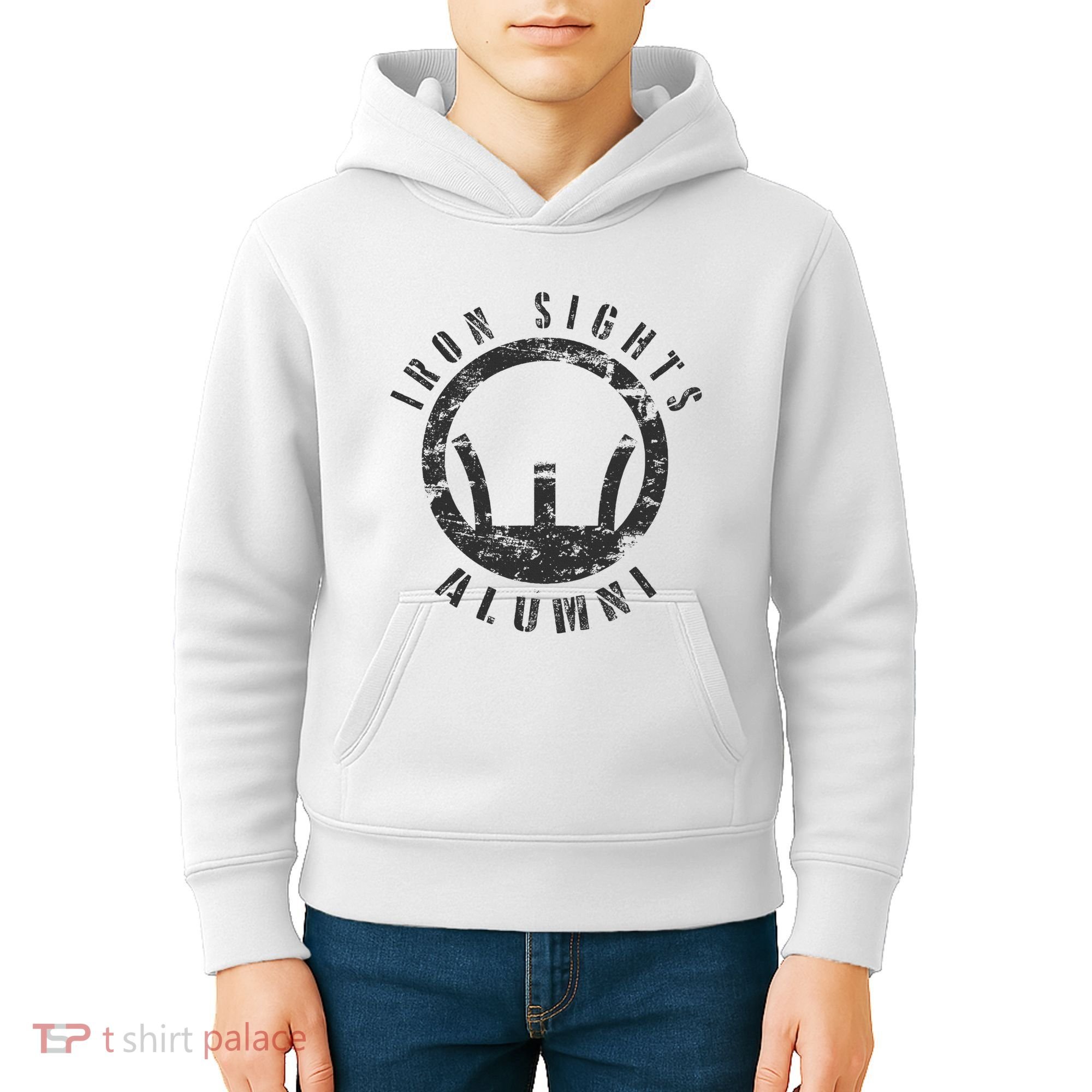 Iron Sights Alumni Boot Camp Shooting Marksmanship Veteran Kids Hoodie