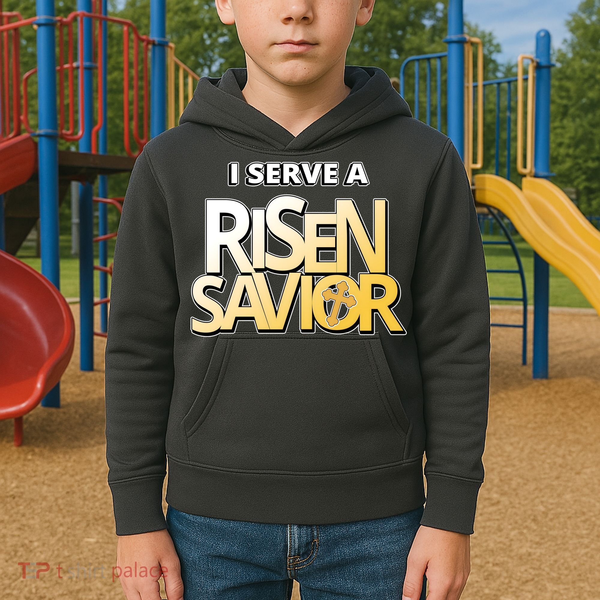 I Serve A Risen Savior Christian Faith Kids Hoodie