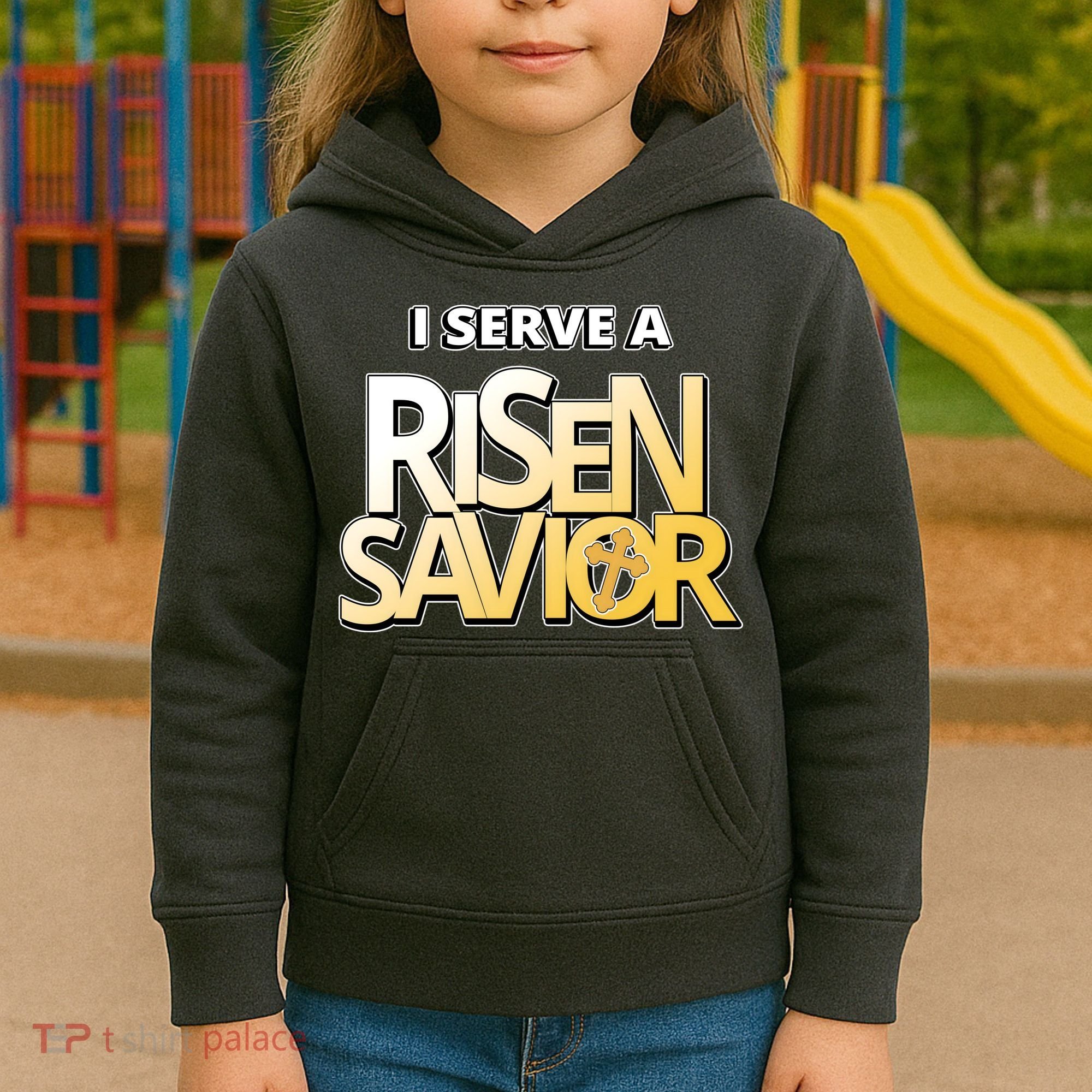 I Serve A Risen Savior Christian Faith Kids Hoodie