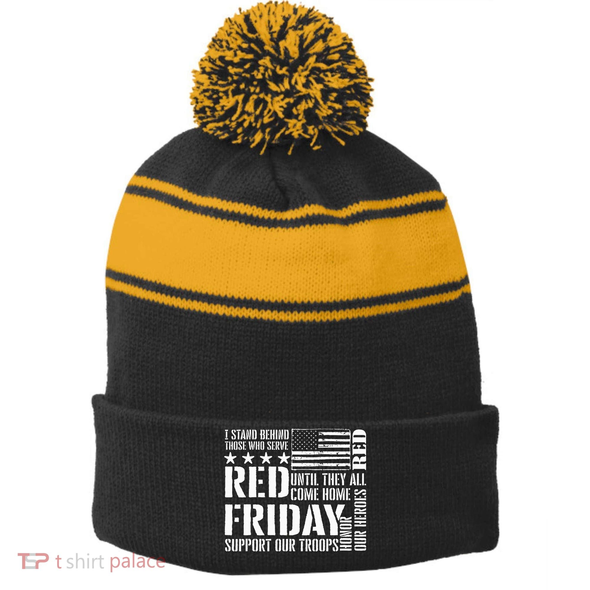 I Stand Behind Those Who Serve American Flag Red Friday Stripe Pom Pom Beanie