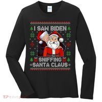 I Saw Biden Sniffing Santa Claus Funny Biden Ugly Xmas Women's Long Sleeve Shirt thumb 0