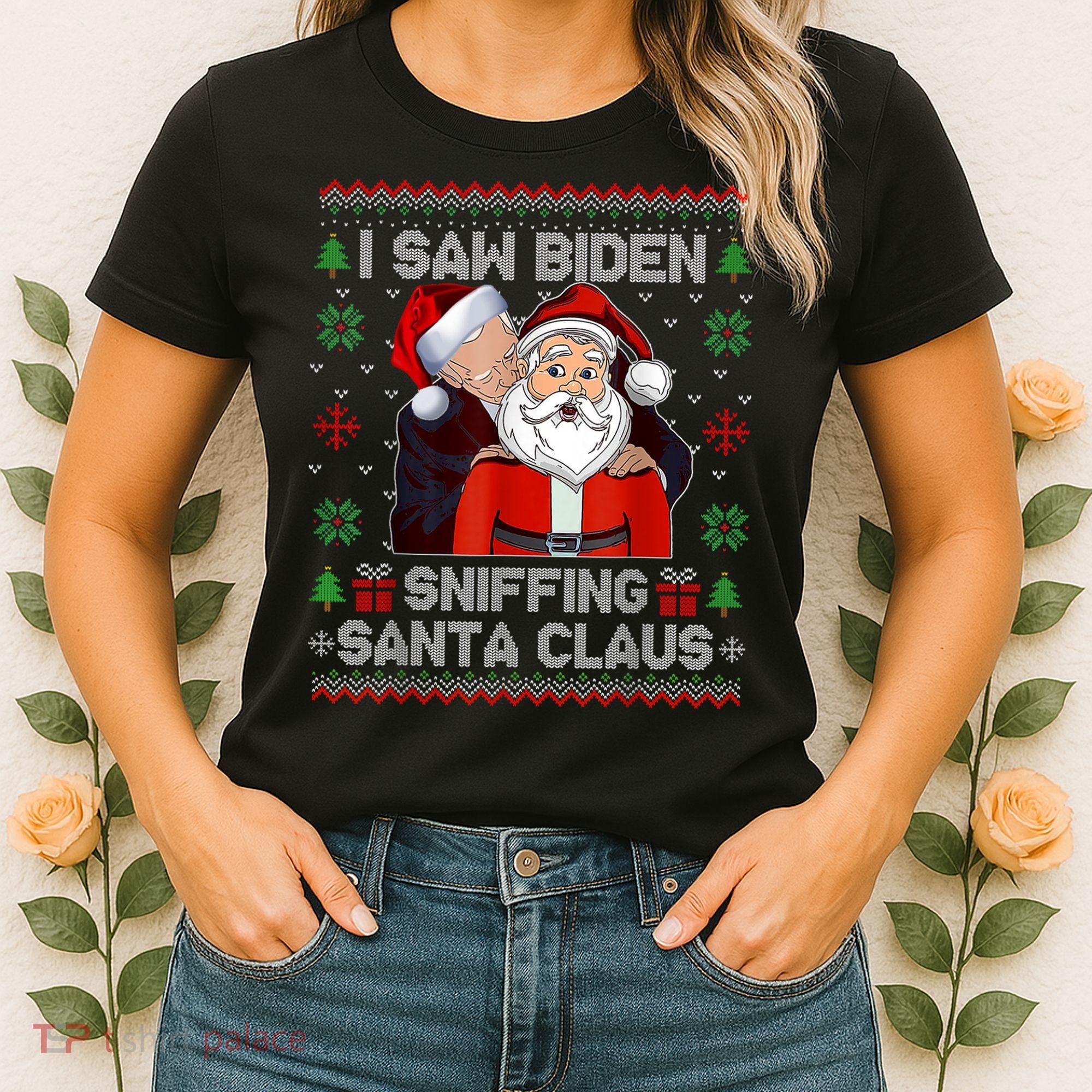 I Saw Biden Sniffing Santa Claus Funny Biden Ugly Xmas Women's T-Shirt