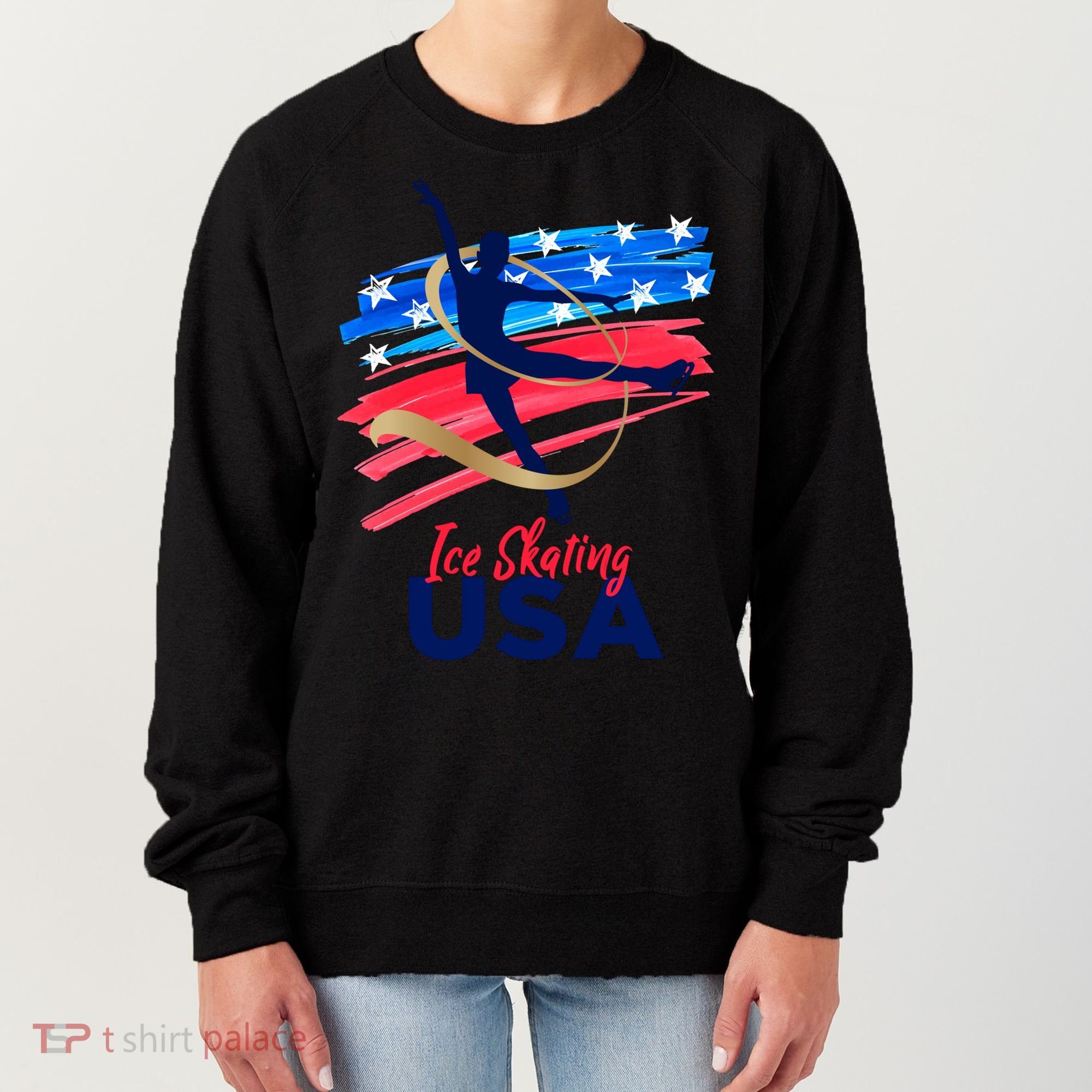 Ice Skating Dance Gift Support The Team Gift Funny Usa Flag Gift Women's Sweatshirt
