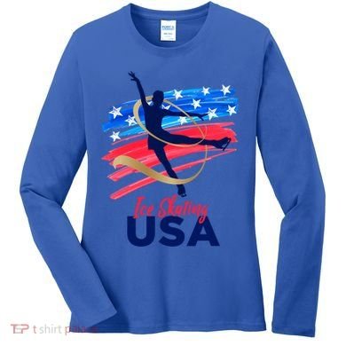 Ice Skating Dance Gift Support The Team Gift Funny Usa Flag Gift Women's Long Sleeve Shirt
