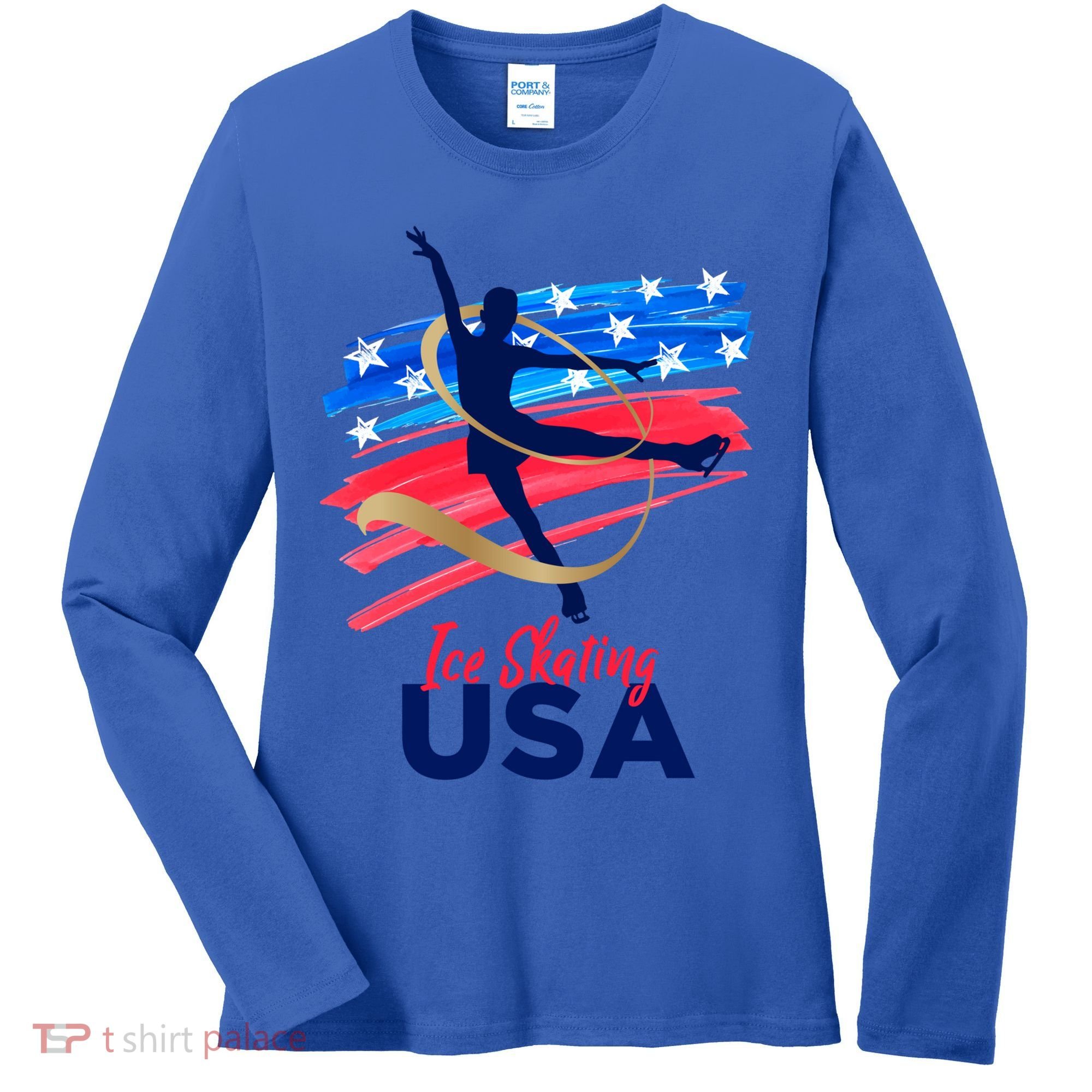 Ice Skating Dance Gift Support The Team Gift Funny Usa Flag Gift Women's Long Sleeve Shirt