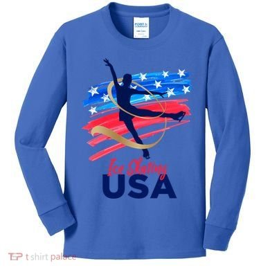 Ice Skating Dance Gift Support The Team Gift Funny Usa Flag Gift Kids Long Sleeve Shirt