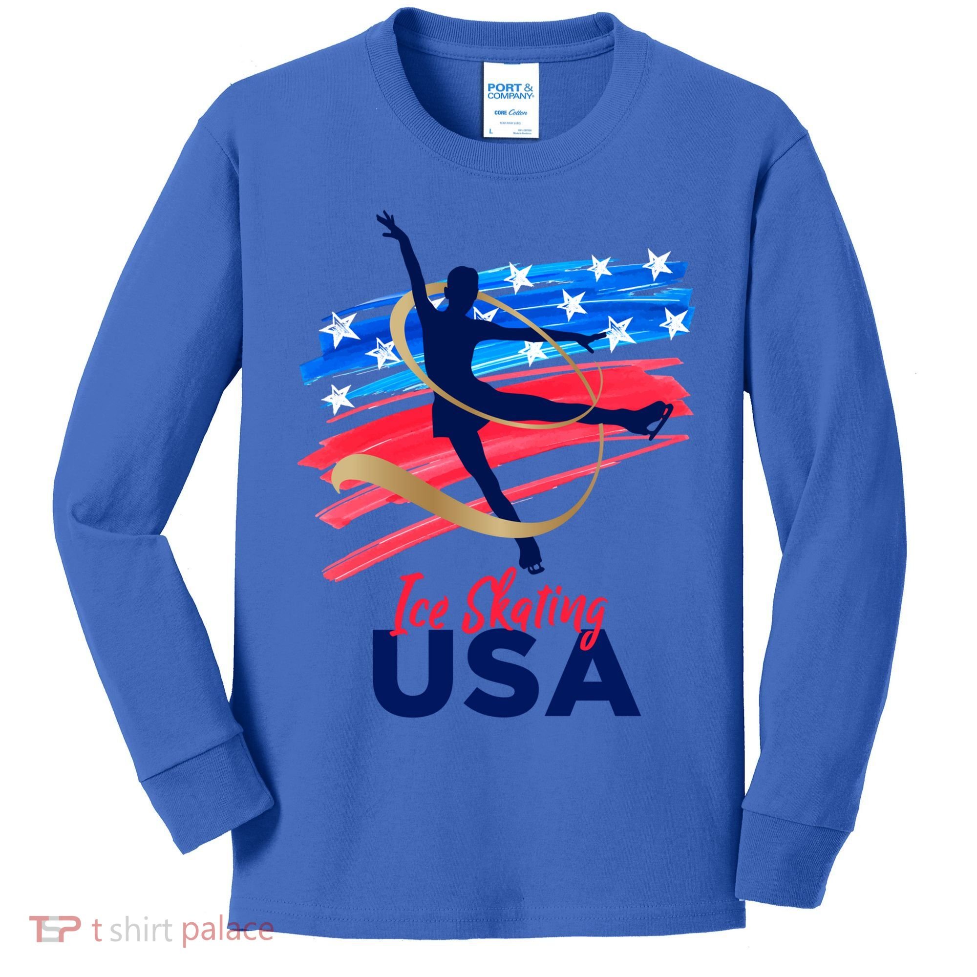 Ice Skating Dance Gift Support The Team Gift Funny Usa Flag Gift Kids Long Sleeve Shirt