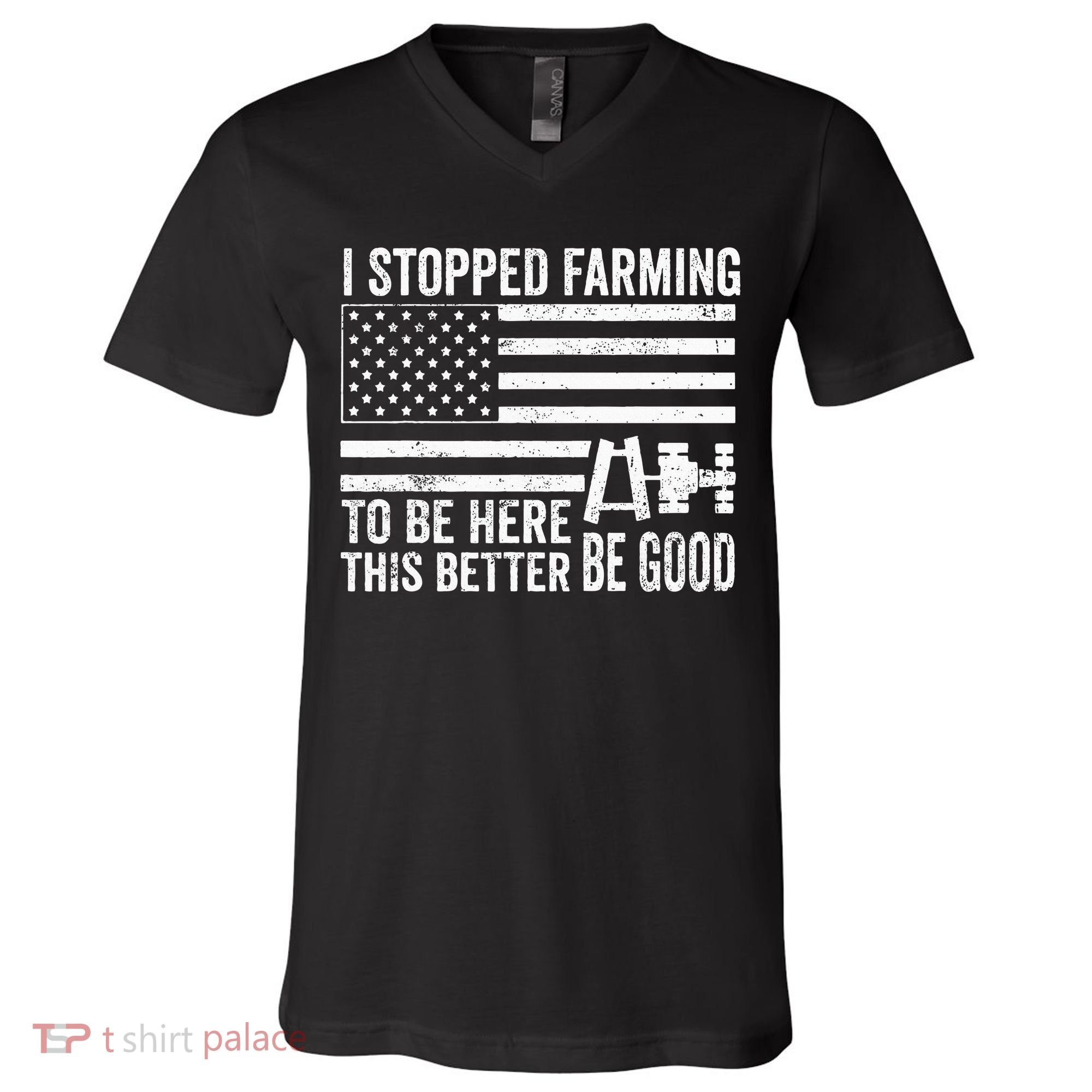I Stopped Farming To Be Here This Better Be Good US Fllag V-Neck T-Shirt