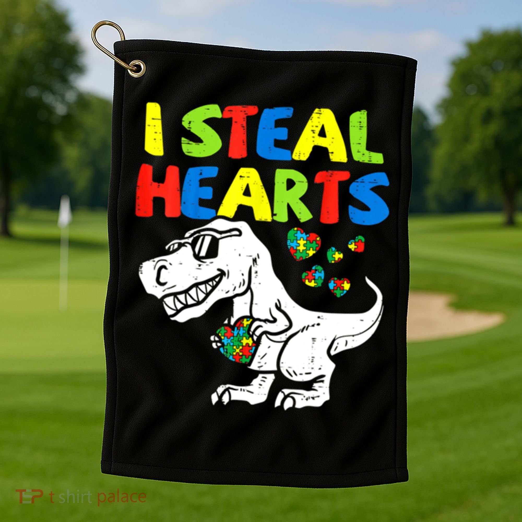 I Steal Hearts Autism Dinosaur Golf Towel