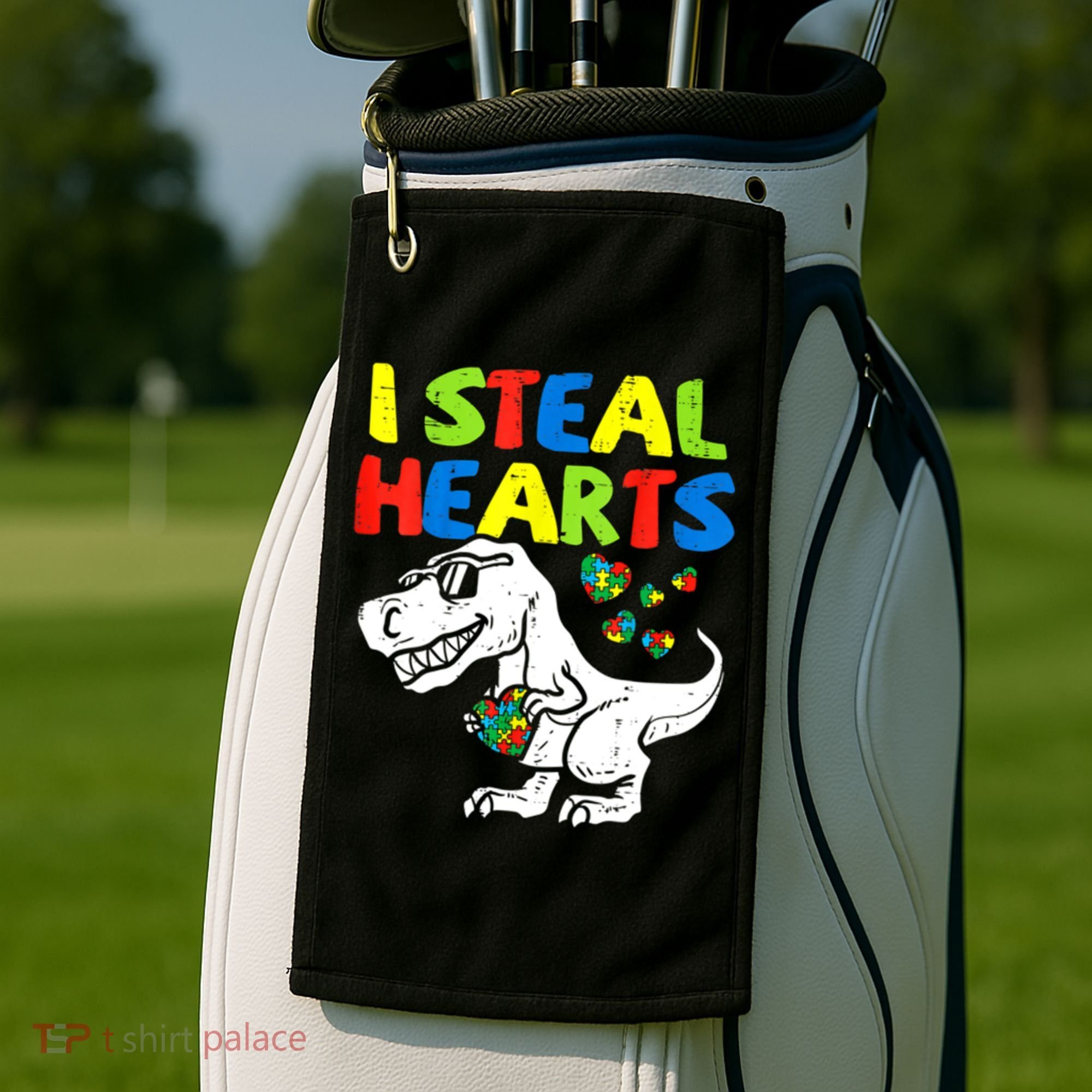 I Steal Hearts Autism Dinosaur Golf Towel