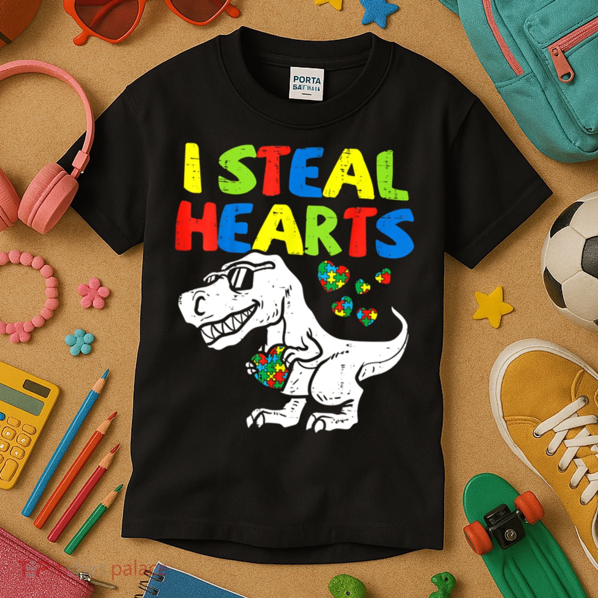 I Steal Hearts Autism Dinosaur Kids T-Shirt