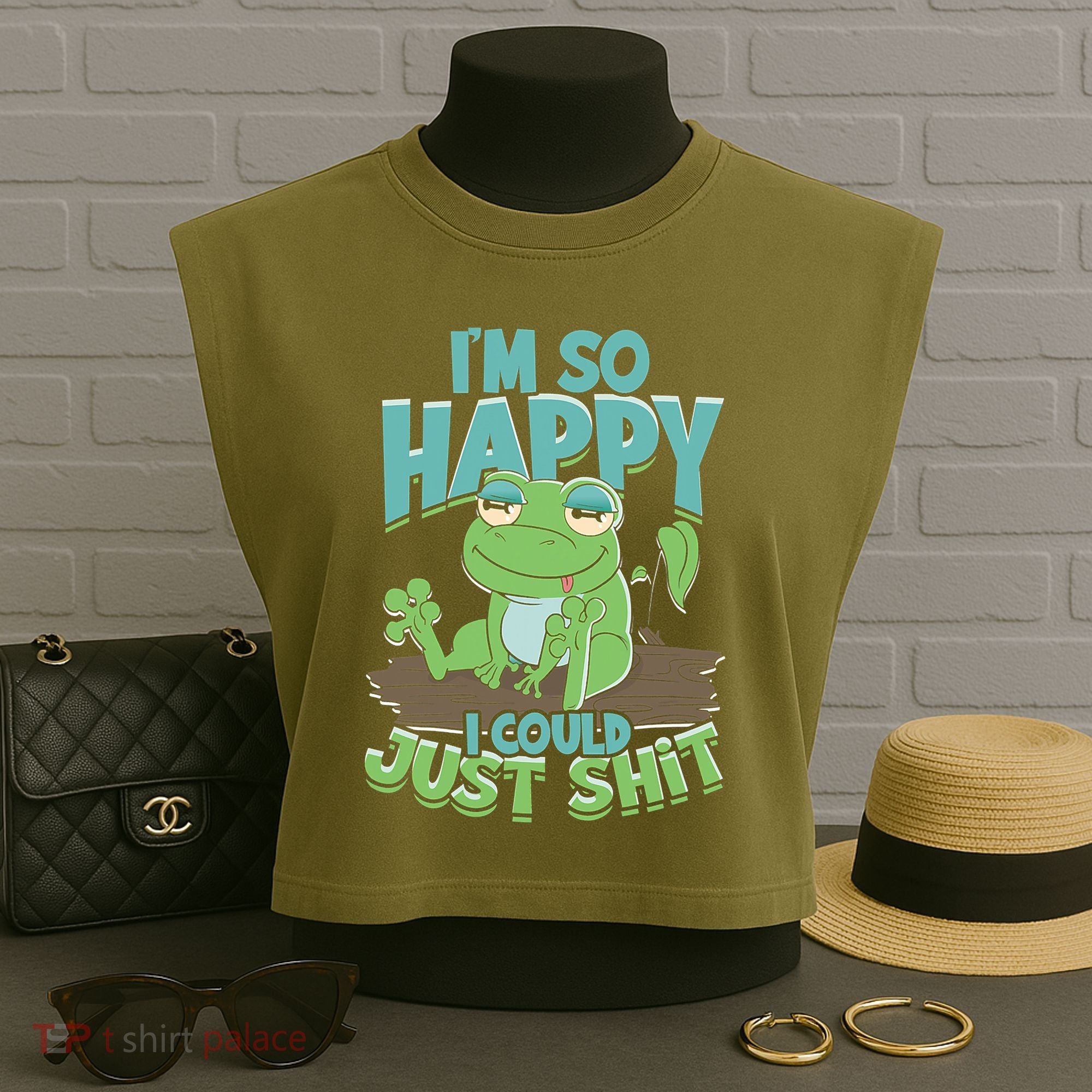 I'm So Happy I Could Just Shit Funny Frog Garment-Dyed Women's Muscle Tee