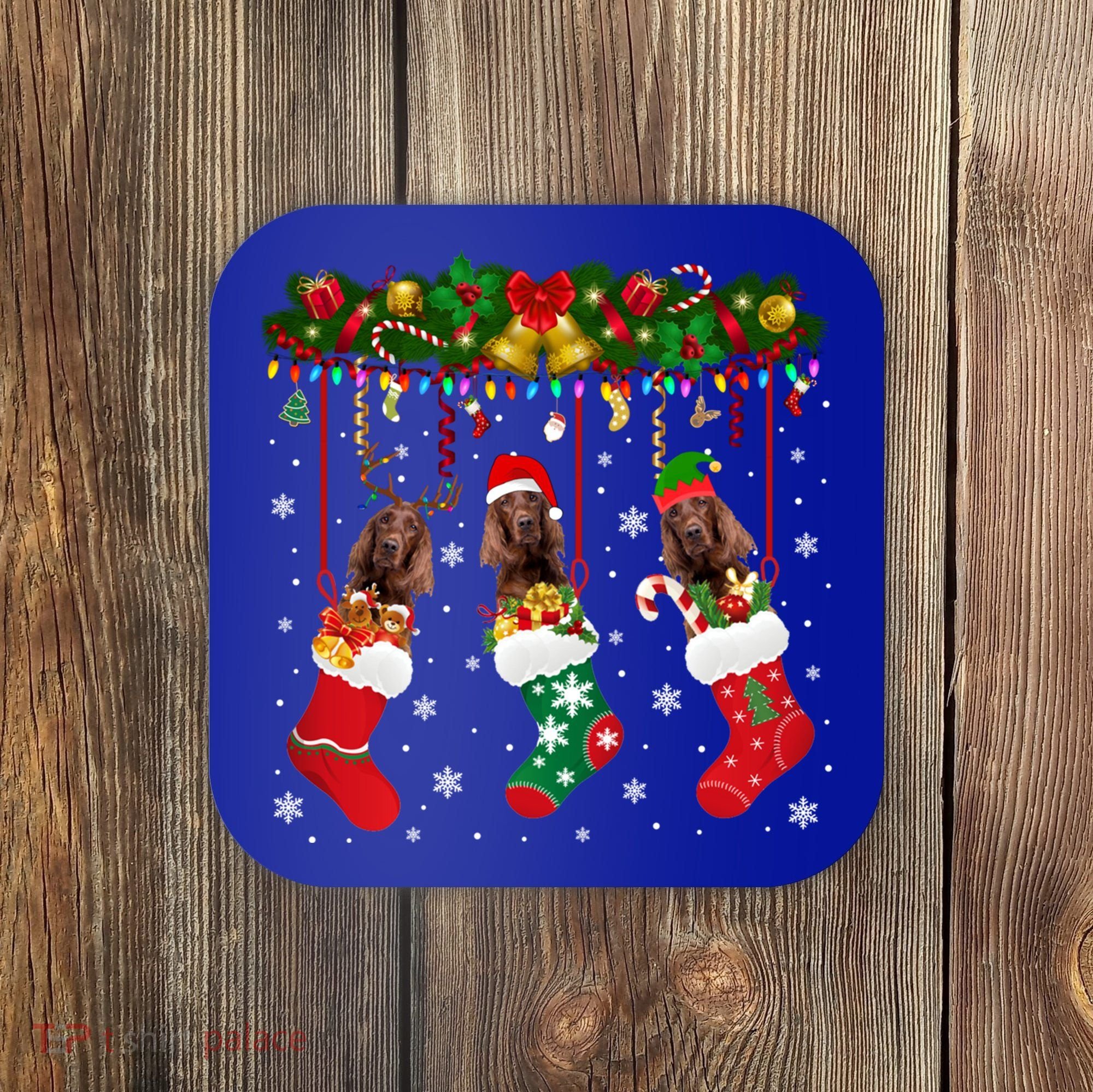 Irish Setter In Sock Xmas Reindeer Santa Elf Dog Gift Coaster