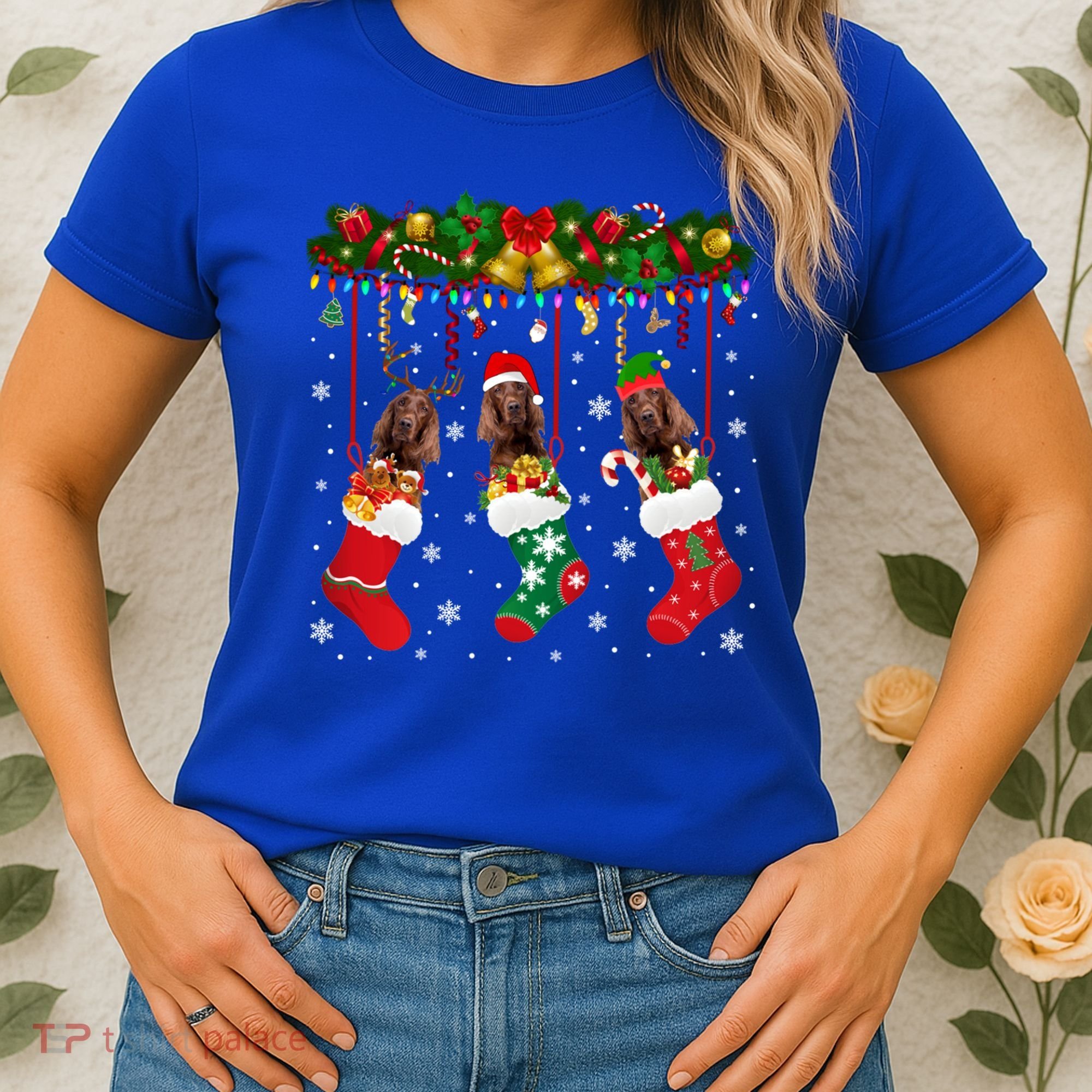Irish Setter In Sock Xmas Reindeer Santa Elf Dog Gift Women's T-Shirt