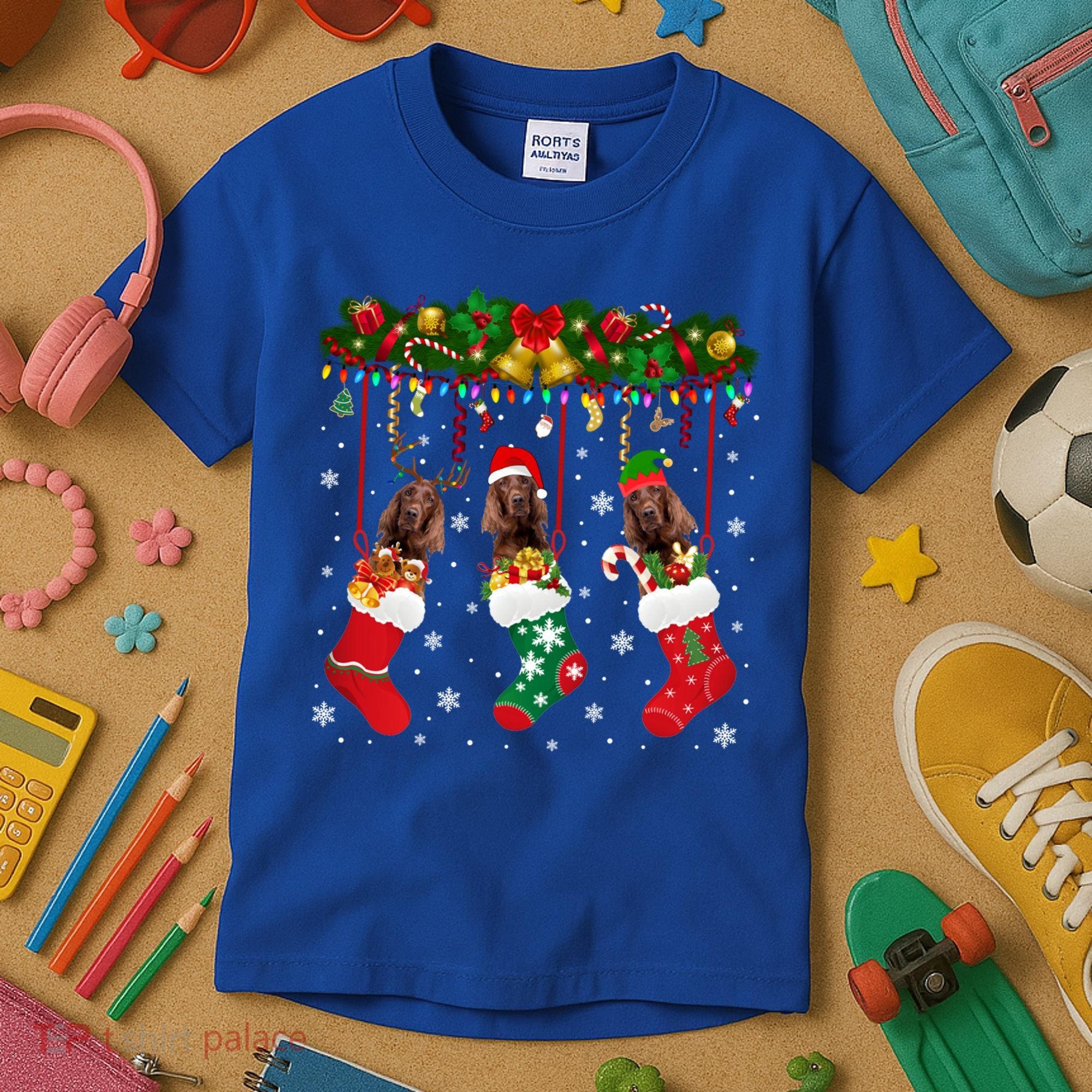 Irish Setter In Sock Xmas Reindeer Santa Elf Dog Gift Kids T-Shirt