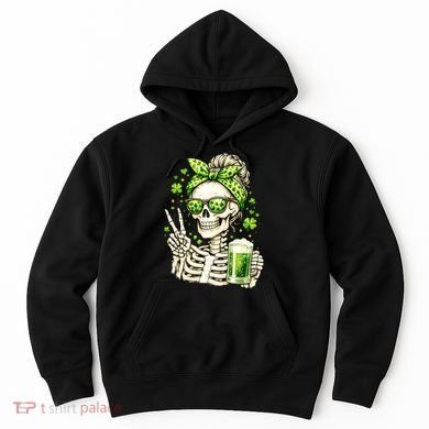 Irish Skeleton Messy Bun St Patrick's Day Hoodie