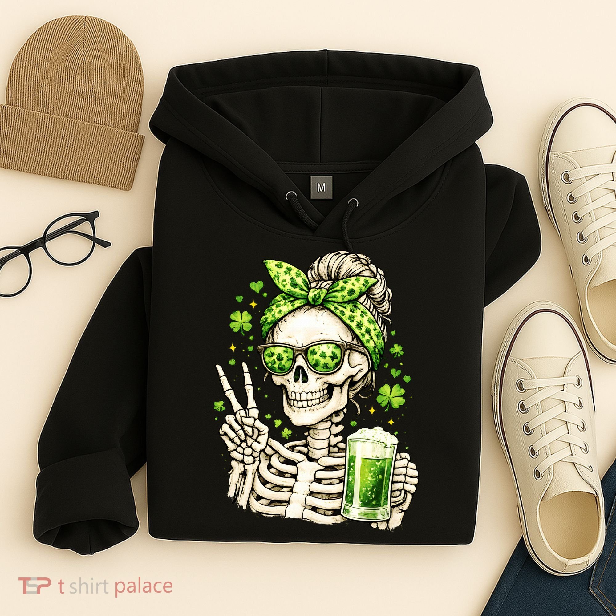 Irish Skeleton Messy Bun St Patrick's Day Hoodie