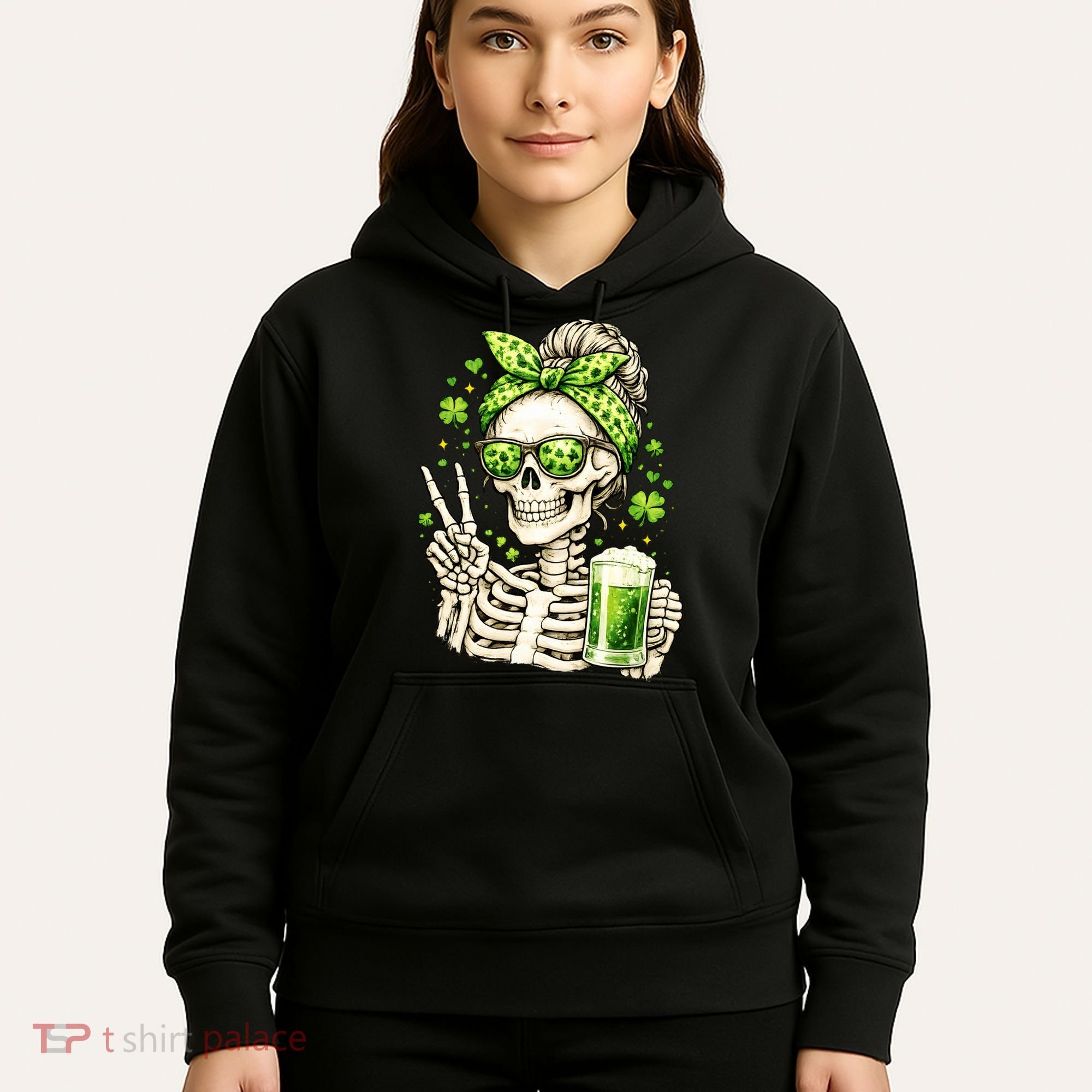 Irish Skeleton Messy Bun St Patrick's Day Hoodie