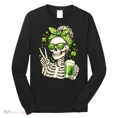 Irish Skeleton Messy Bun St Patrick's Day Long Sleeve Shirt