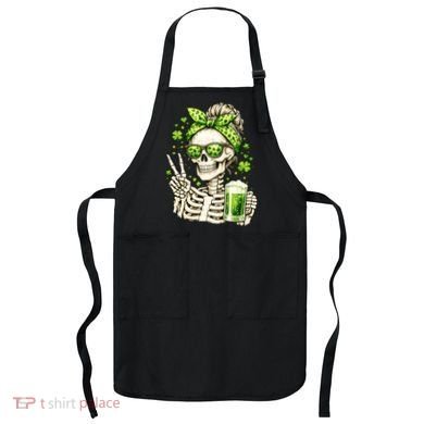 Irish Skeleton Messy Bun St Patrick's Day Apron