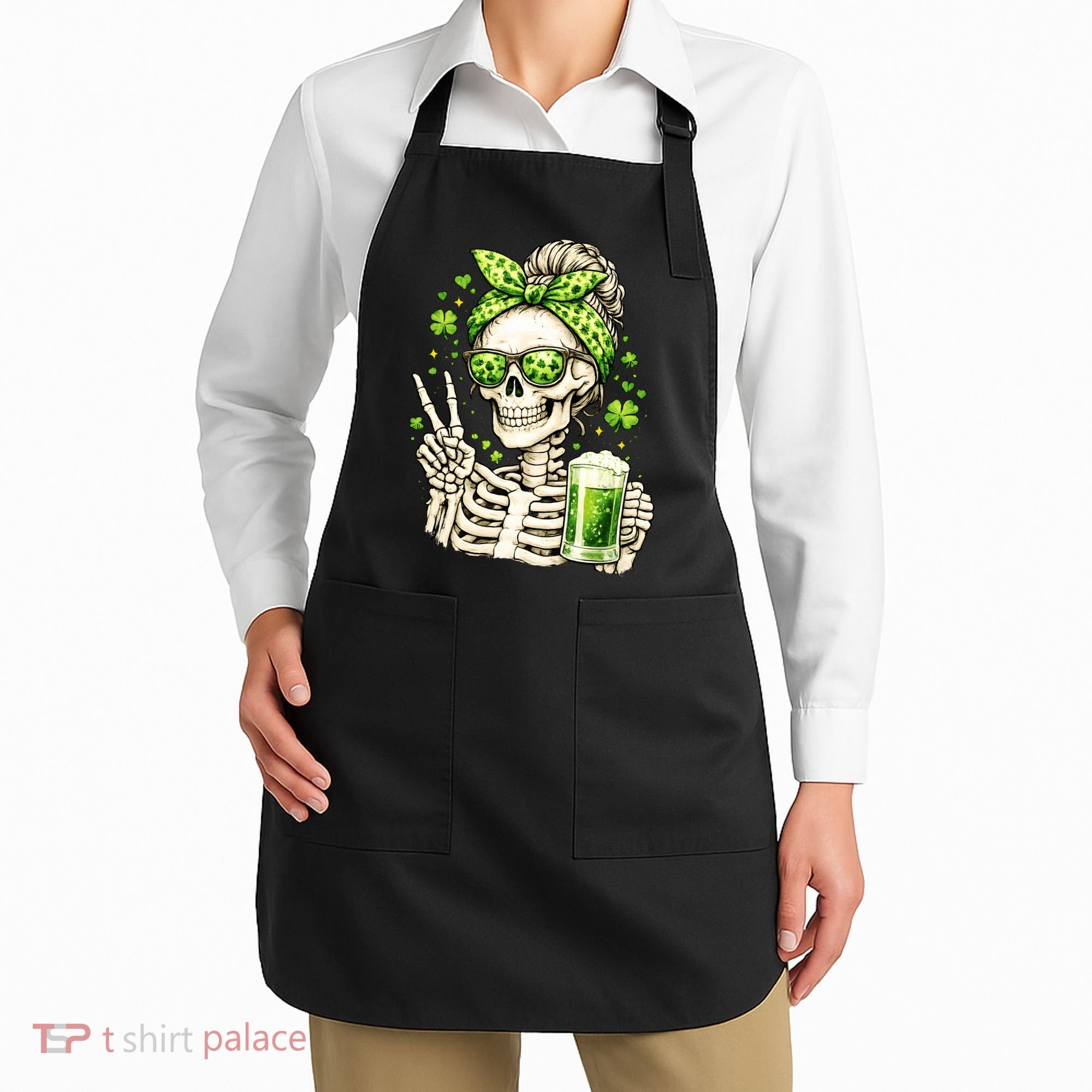 Irish Skeleton Messy Bun St Patrick's Day Apron