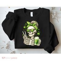 Irish Skeleton Messy Bun St Patrick's Day Sweatshirt thumb 2