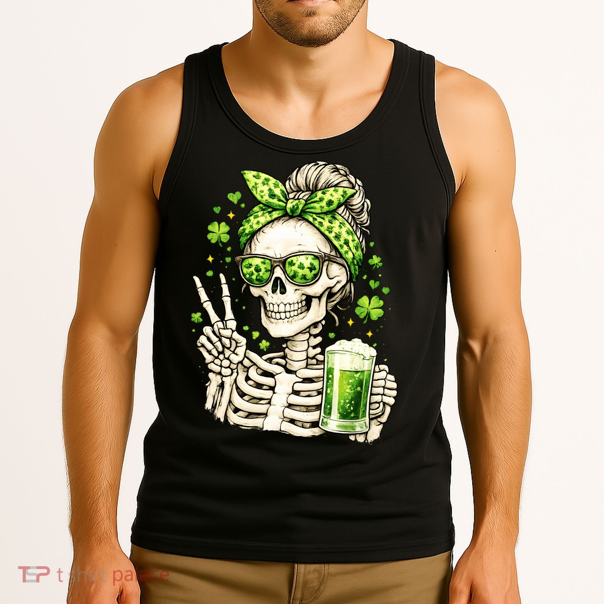 Irish Skeleton Messy Bun St Patrick's Day Tank Top