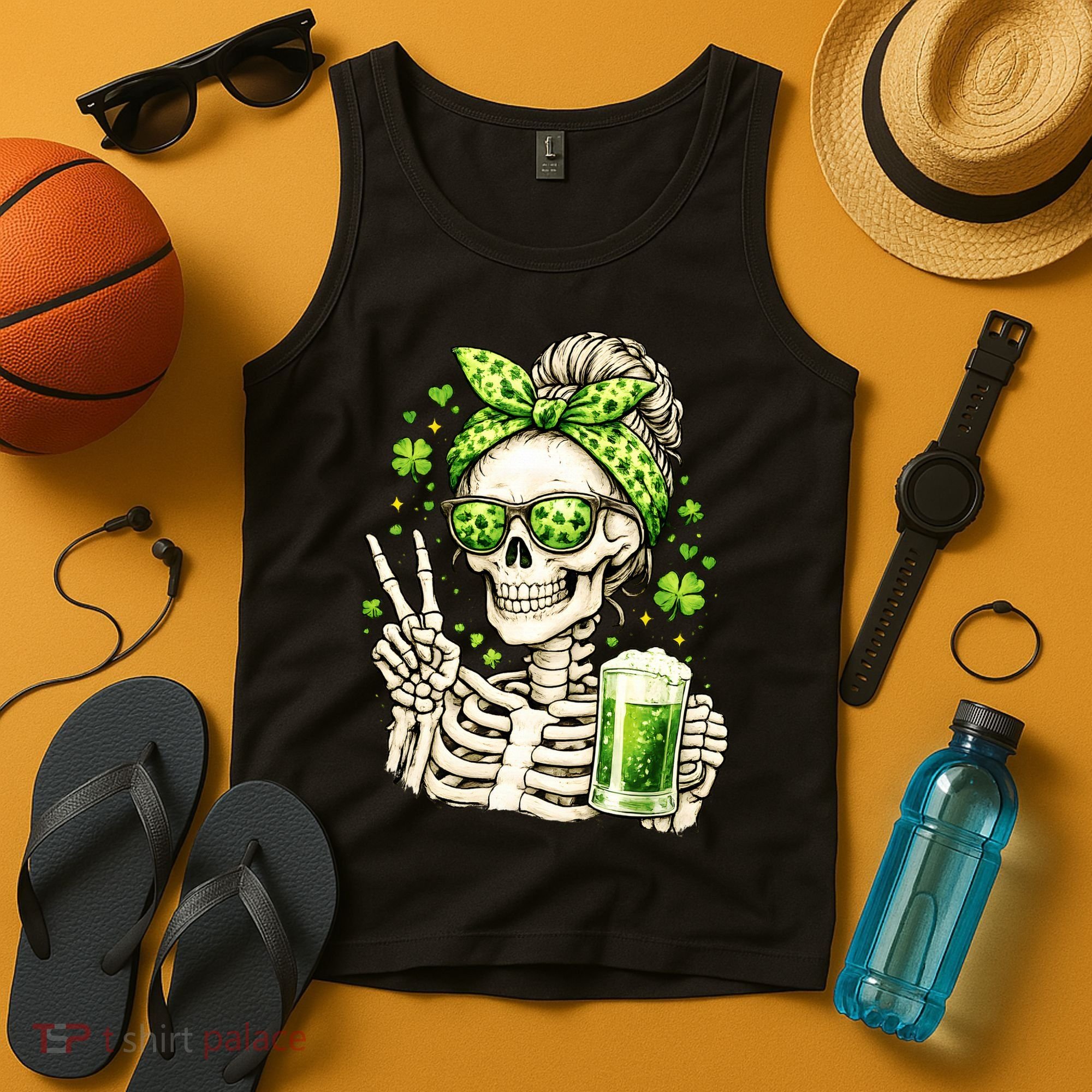 Irish Skeleton Messy Bun St Patrick's Day Tank Top