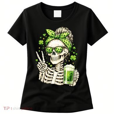 Irish Skeleton Messy Bun St Patrick's Day Women's T-Shirt