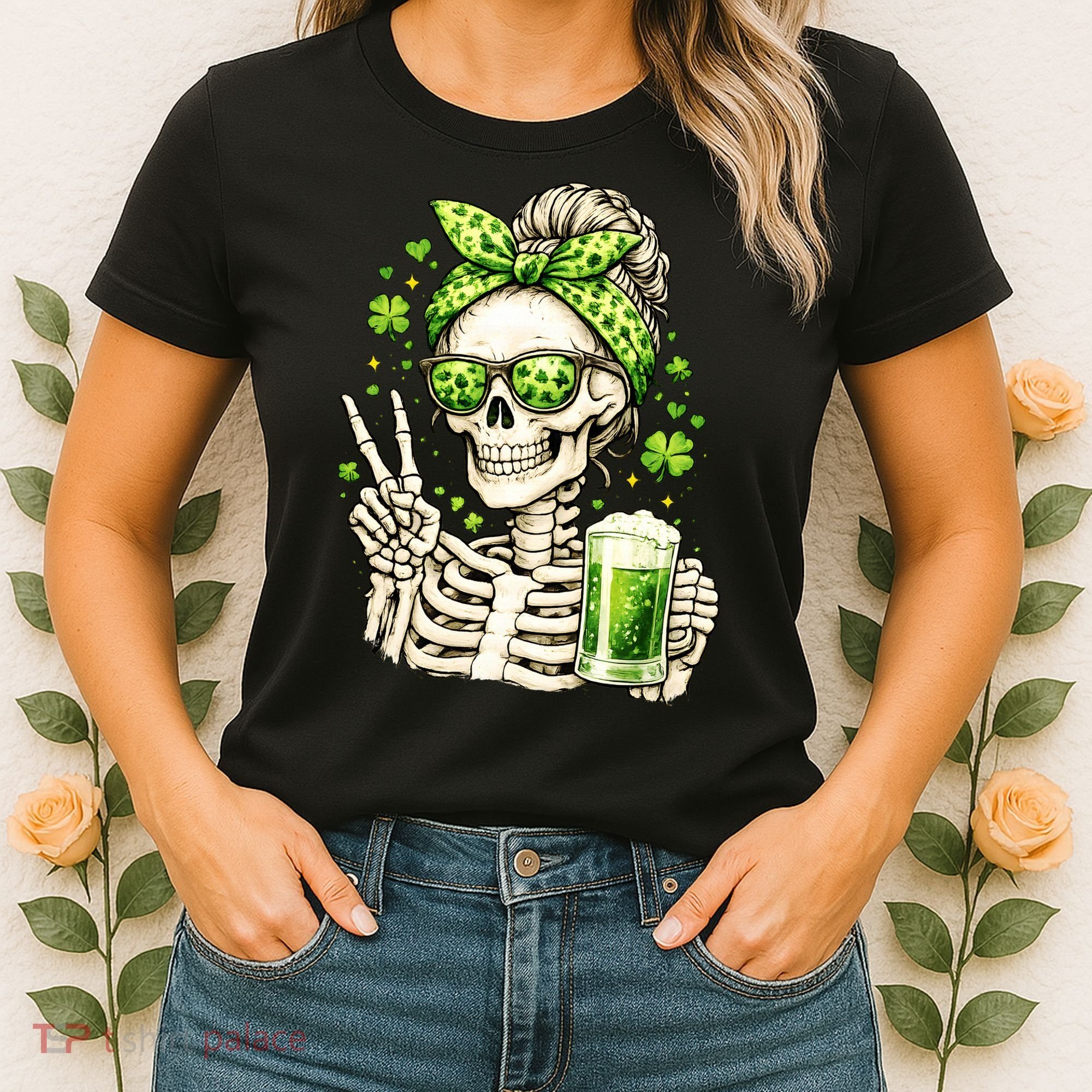 Irish Skeleton Messy Bun St Patrick's Day Women's T-Shirt