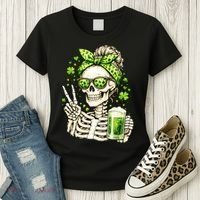 Irish Skeleton Messy Bun St Patrick's Day Women's T-Shirt thumb 3