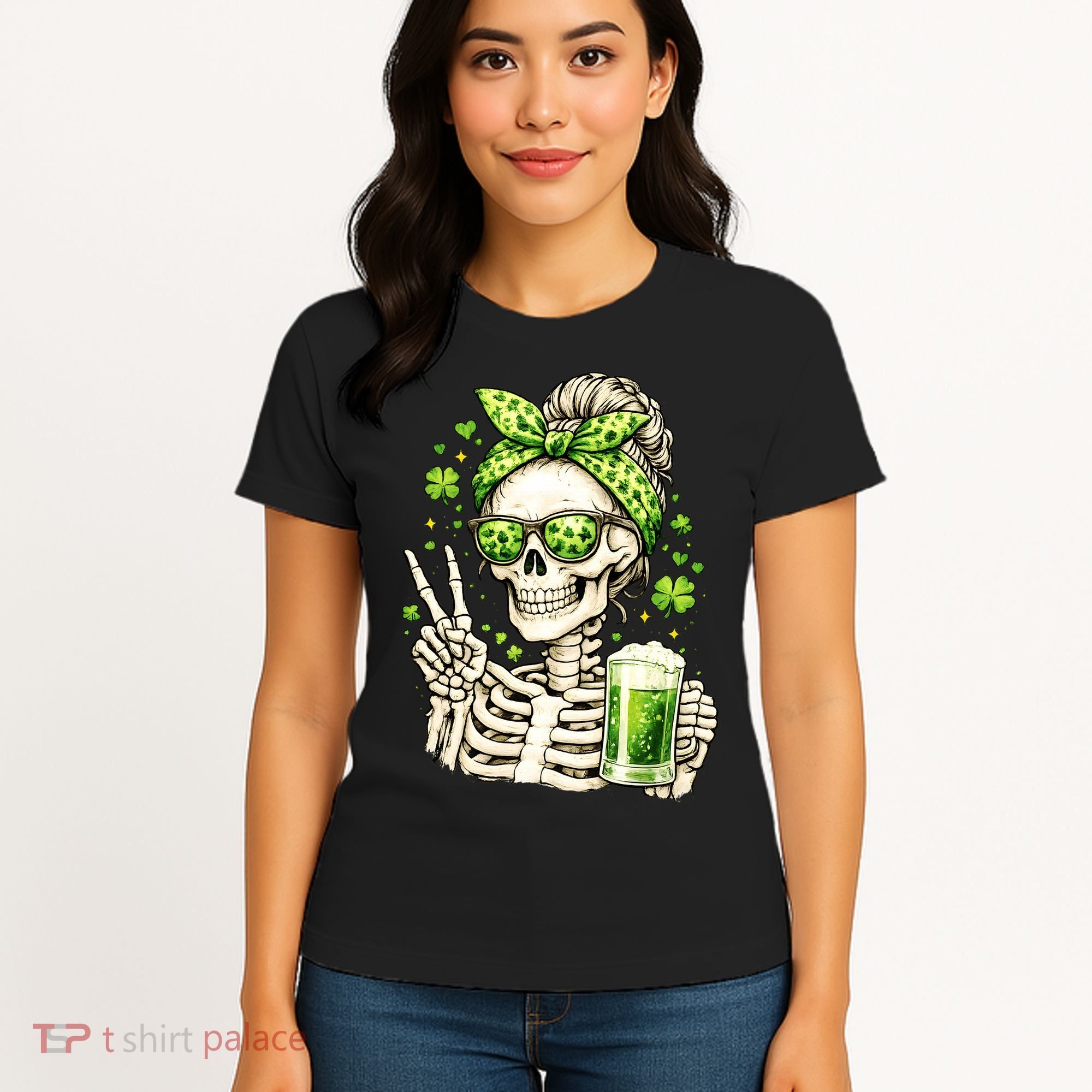 Irish Skeleton Messy Bun St Patrick's Day Women's T-Shirt