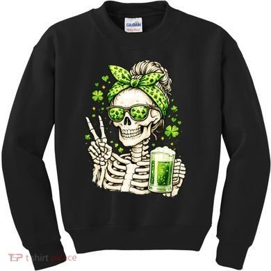 Irish Skeleton Messy Bun St Patrick's Day Kids Sweatshirt