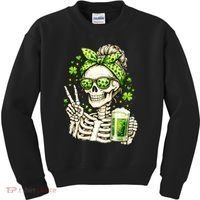 Irish Skeleton Messy Bun St Patrick's Day Kids Sweatshirt thumb 0